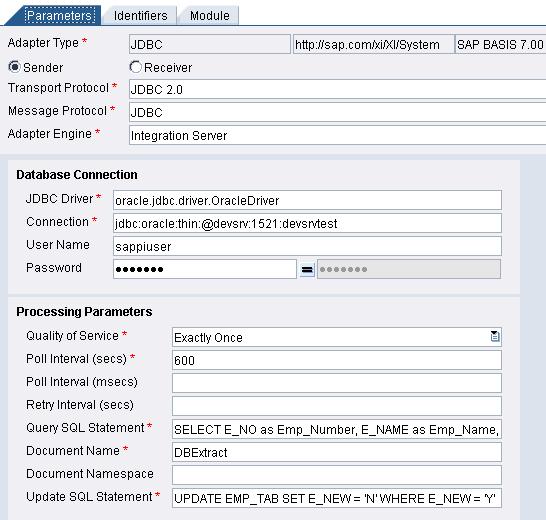 Typical Configuration of SAP PI JDBC Sender Adapter